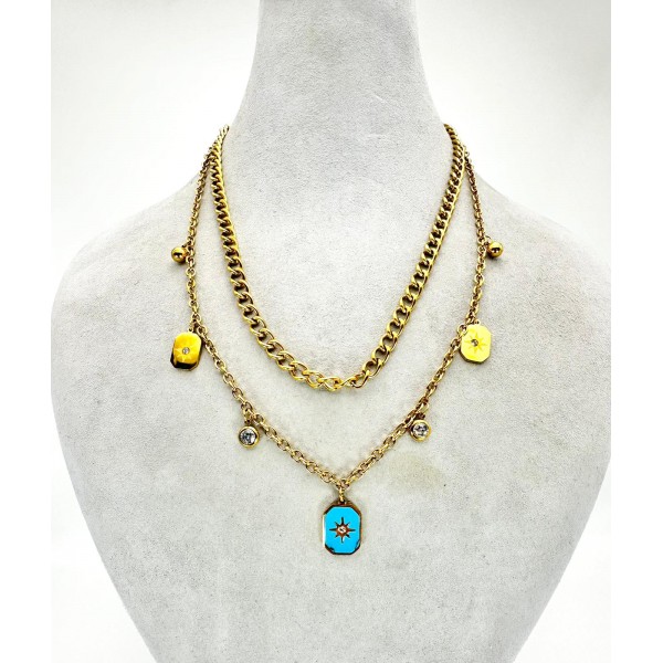 Gold İkili Mavi Taş Detaylı Kolye Gold İkili Mavi Taş Detaylı Kolye